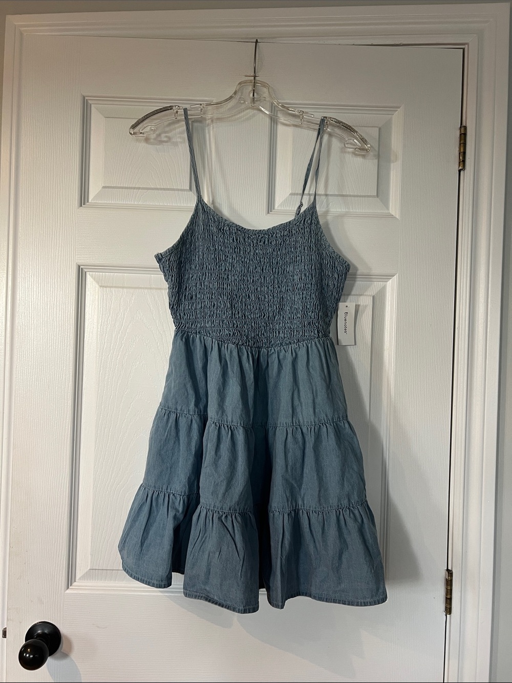 NWT- Bluenotes Dusty Blue Smocked Tiered Spaghetti Strap Mini Dress